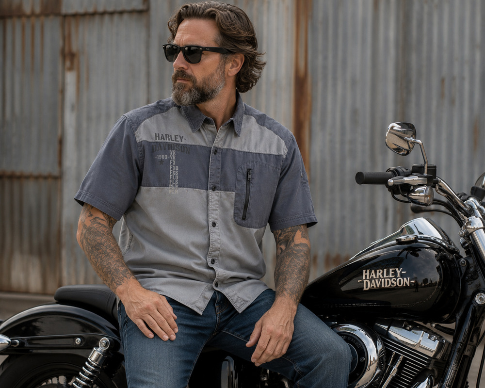 Harley-Davidson XL Gray Button Front Work Shirt Eagle Graphic Short Sleeve Biker
